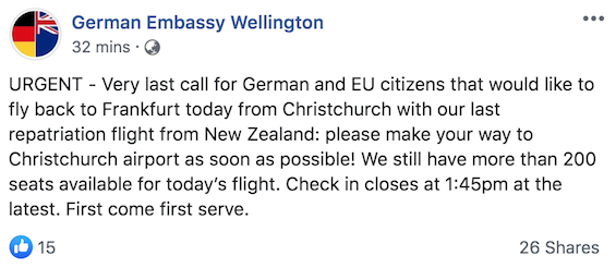 Last Call - Letzter Repatriation Flug 14. April 2020 ab Christchurch